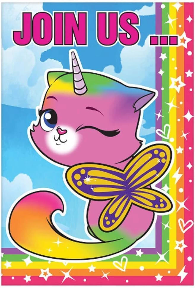 Rainbow Butterfly Unicorn Kitty Cute Kids Birthday Party Invitations W/Envelopes