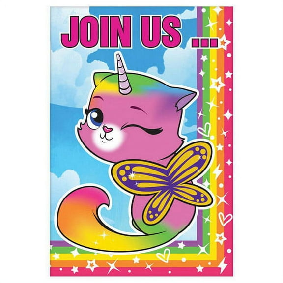 Rainbow Butterfly Unicorn Kitty Invitation Set w/ Envelopes (8ct)