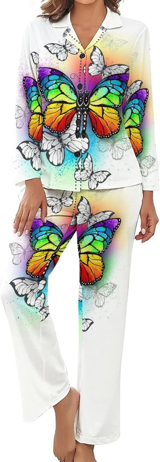 Rainbow Butterfly Women's Pajamas Set Button Down Sleepwear PJ Set ...