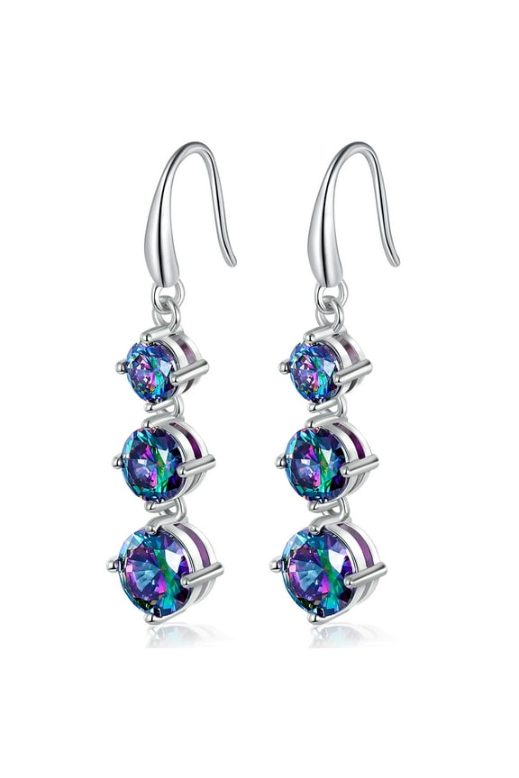 Rainbow CZ Dangle Earrings for Women 18K White Gold Plated Created Mystic Topaz Drop Earring Hypoallergenic Jewelry Gifts for Her with 3 Round Created Mystic Topaz Earingings Vintage Dangling 5/6/7mm