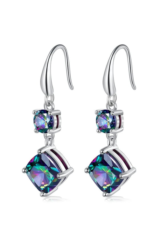 Rainbow CZ Dangle Earrings for Women 18K White Gold Plated Round and Cushion Created Mystic Topaz Drop Earring Hypoallergenic Jewelry Chritmas Gifts for Her
