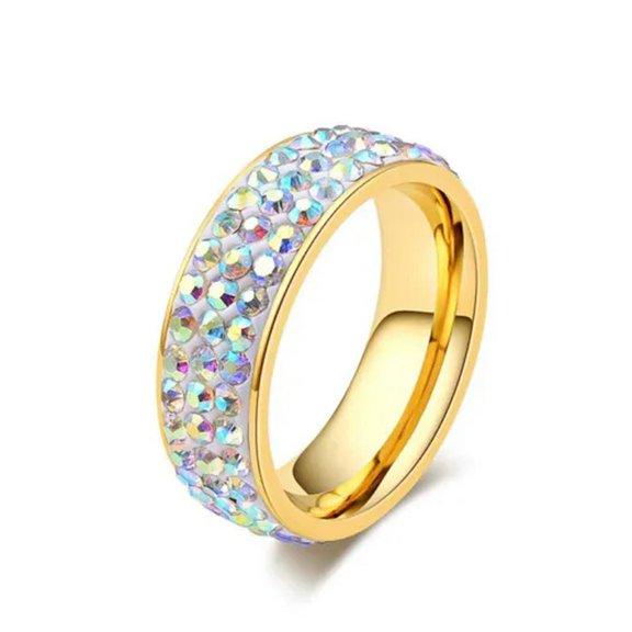 Rainbow CZ Engagement Band Titanium Steel Women's 18K Gold Plated Ring Size 6-10