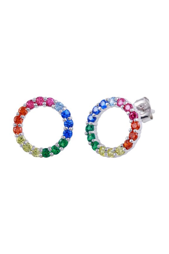 Rainbow CZ Open Circle Stud Earrings Rhodium Plated Sterling Silver