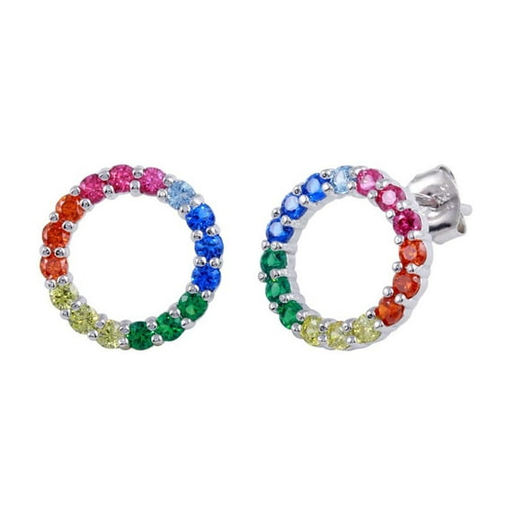 Rainbow CZ Open Circle Stud Earrings Rhodium Plated Sterling Silver