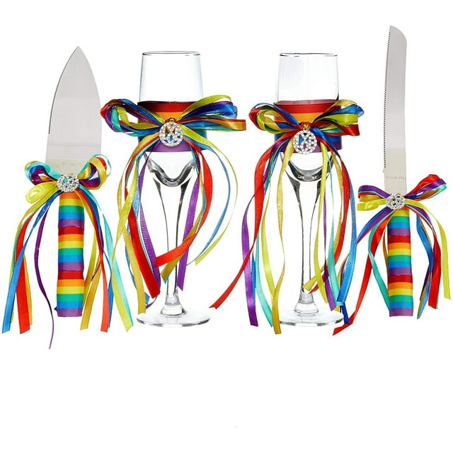 Rainbow Cake Cutting Set for Gay Wedding, Champagne Flutes, Server