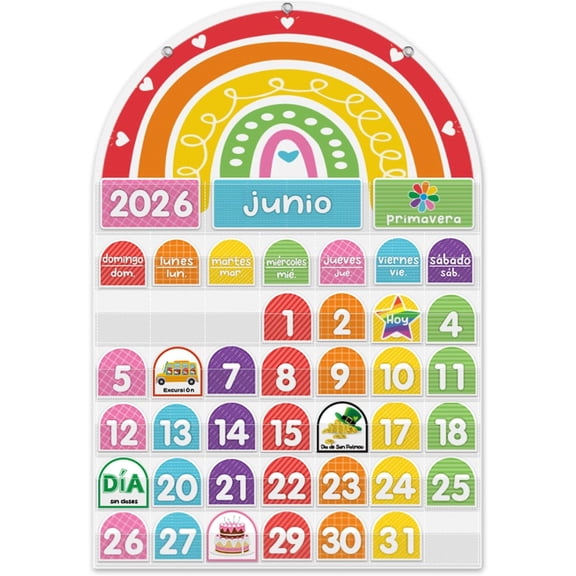 Rainbow Calendar Pocket Chart for Classroom & Home with 96 Activity Cards-Daycare Learning/Preschool/Homeschool/Focus Board/Classroom Decor Calendar/Early Learning (Spanish)