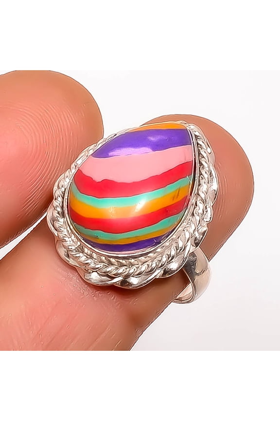 Rainbow Calsilica 925 Sterling Silver Ring Size 8.5|Handmade Ring, Gift for her, Blue Ring, Gemstone Silver Jewelry