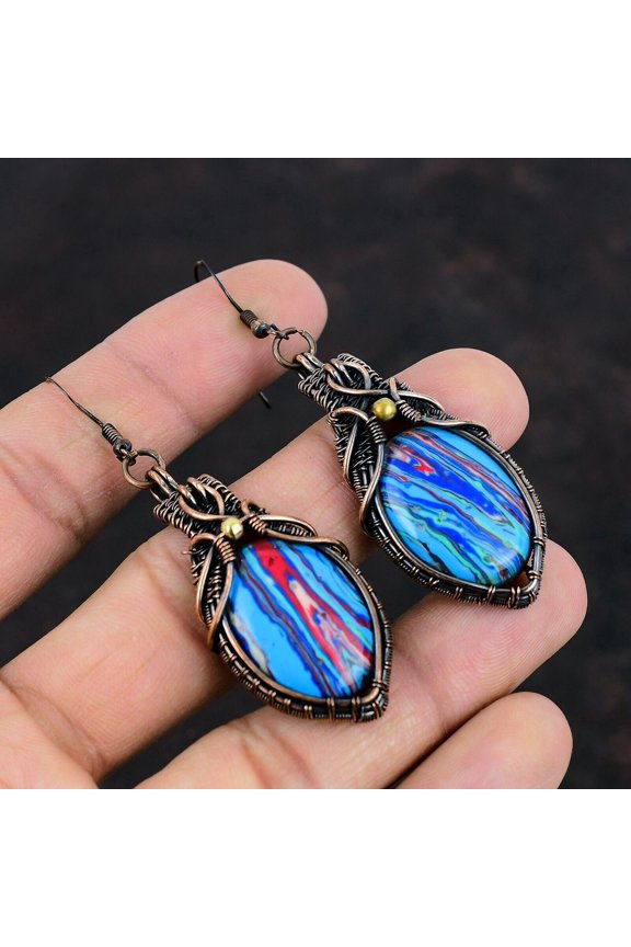 Rainbow Calsilica Earring Copper Wire Wrapped Earrings Handmade Earring Copper Jewelry Engagement Gifts Gemstone Earring Wire Design Jewelry