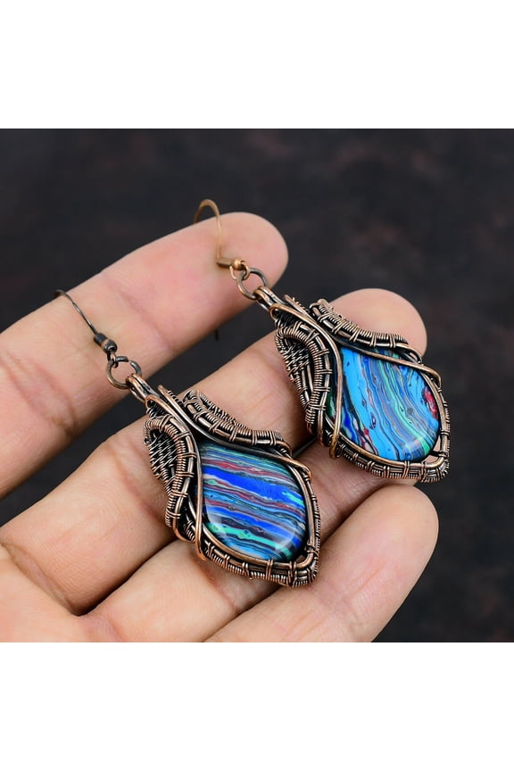 Rainbow Calsilica Earring Copper Wire Wrapped Earrings Handmade Earring Unique Copper Design Jewelry Wedding Gift Beautiful Gemstone Earring