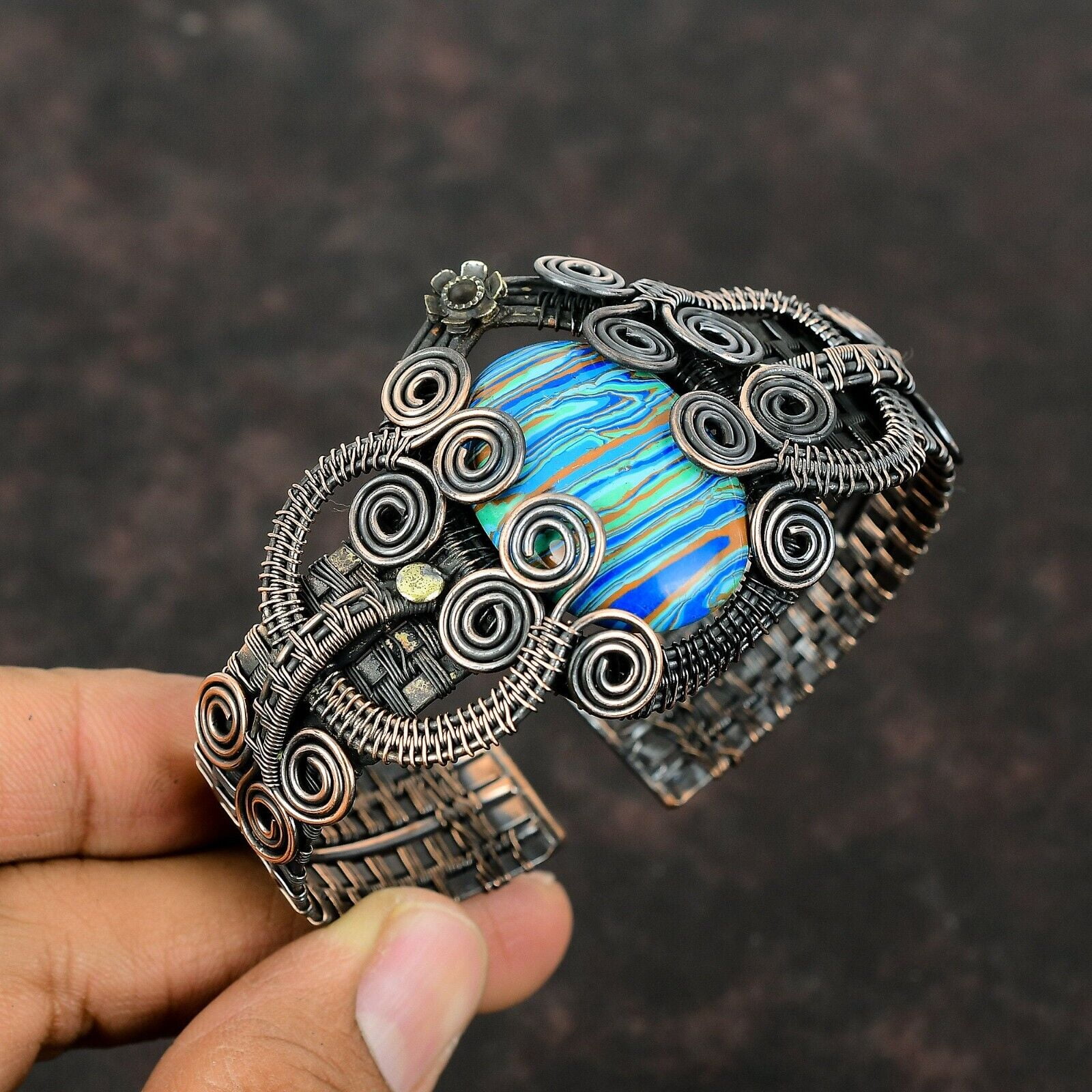 KALKA JEWELS Rainbow Calsilica Jewelry Copper Bestie Gift Wire Wrapped Adjustable Cuff