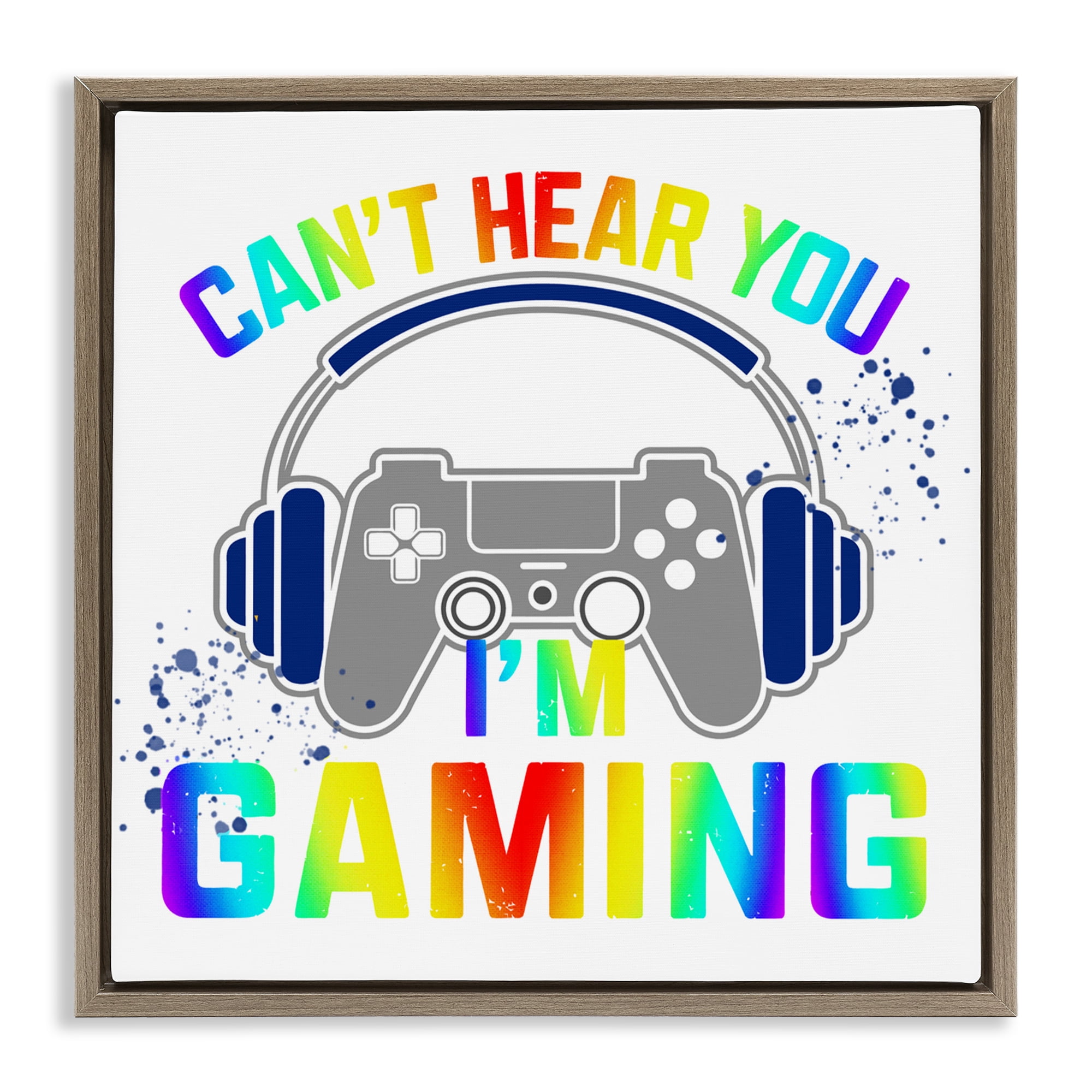 Rainbow Can't Hear You Gaming Brown Framed Floater Canvas Wall Art, design by Kim Allen