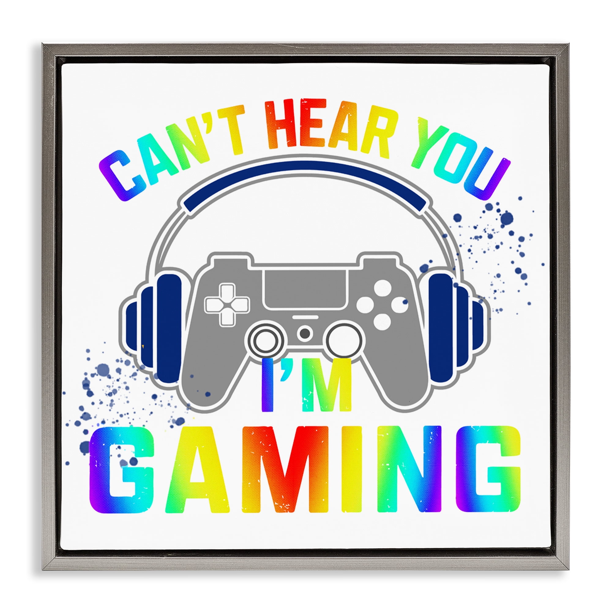 Rainbow Can't Hear You Gaming Gray Framed Floater Canvas Wall Art, design by Kim Allen