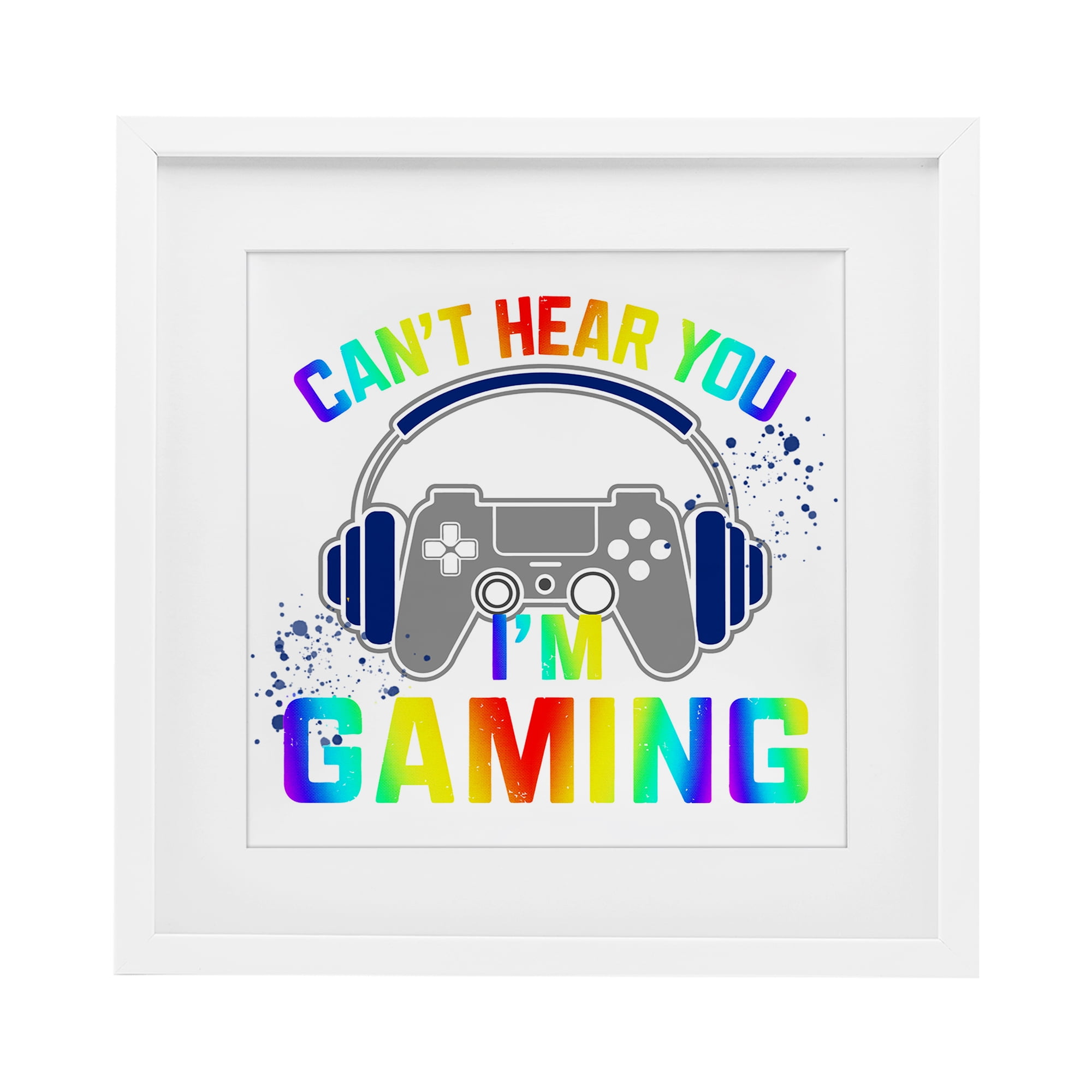 Rainbow Can't Hear You Gaming White Framed Print Under Glass, design by Kim Allen
