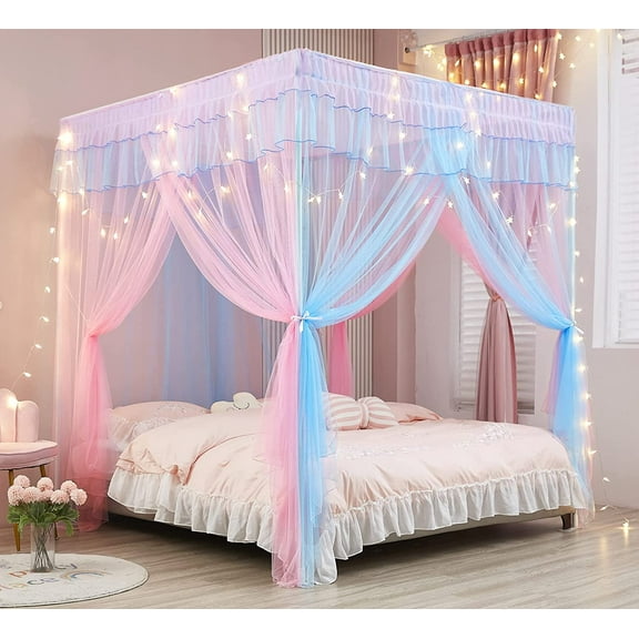 Rainbow Canopy Bed Curtains with Lights - Princess Bed Canopy for Girls - Bed Drapes Netting- Bedroom Decoration Accessories,Full