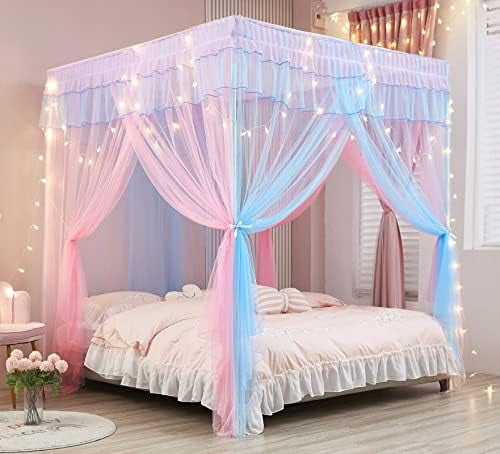 Rainbow Canopy Bed Curtains with Lights - Princess Bed Canopy for Girls - Bed Drapes Netting- Bedroom Decoration Accessories,Queen