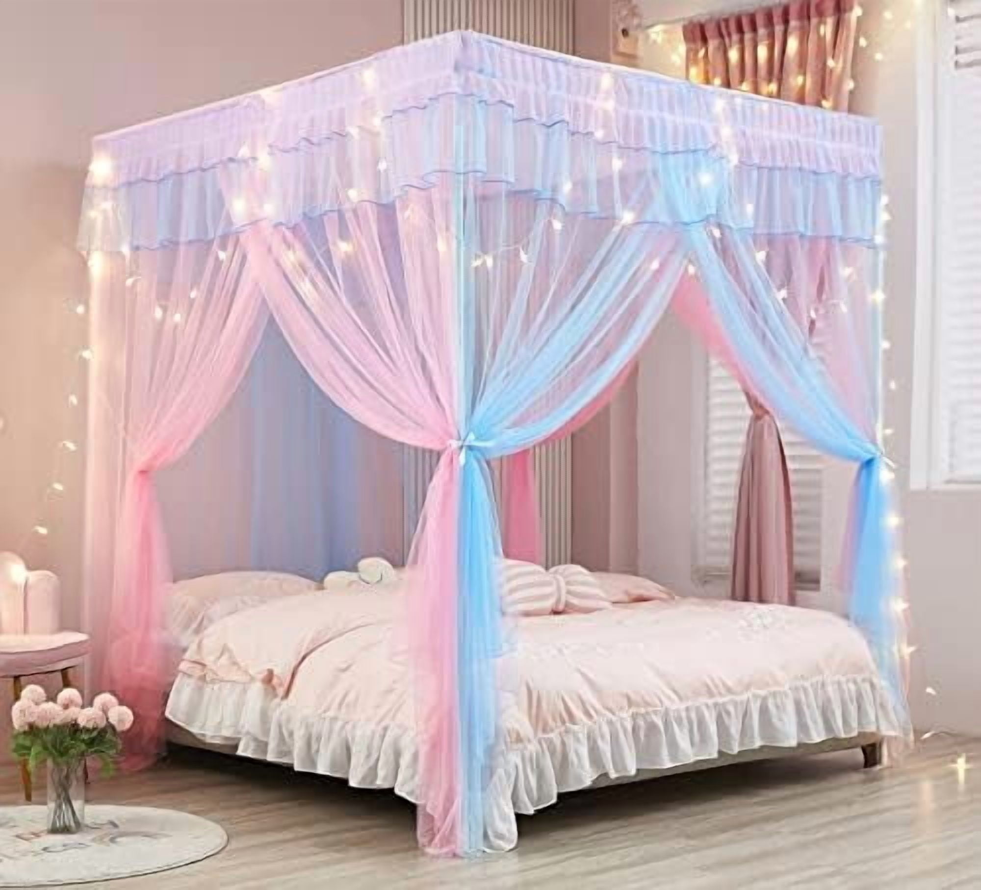 Rainbow Canopy Bed Curtains with Lights - Princess Bed Canopy for Girls - Bed Drapes Netting- Bedroom Decoration Accessories,Twin