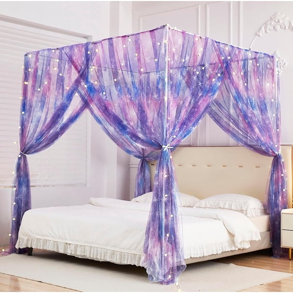 Rainbow Canopy Bed Curtains with Lights - Princess Bed Canopy for Girls - Bed Drapes Netting- Bedroom Decoration Accessories