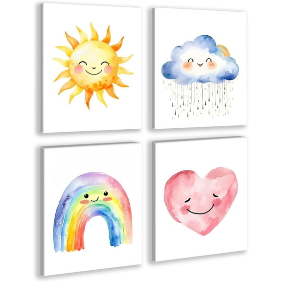 Rainbow Canvas Wall Decor Set of 4, Watercolor Sun Cloud Heart Wall Decor Prints, Kids Sunshine Painting for Classroom Kids Room Baby Room Bedroom Dormitory Decor 8''X10'' Unframed