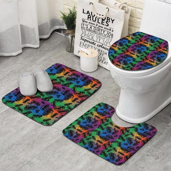 Rainbow Car Silhouette Pattern Bathroom Rugs Sets 3 Piece,Toilet Cover Set,Absorbent Non Slip Bathroom Mats Sets with U-Shaped Contour Rug Toilet Rug Set
