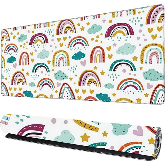 Rainbow Cartoon XXL Gaming Mouse Pad 35.4 x 15.7 Inch Large Desk Mat with NonSlip Rubber Base and Stitched Edges, Waterproof and Vibrant for Laptop, Keyboard, and Computer