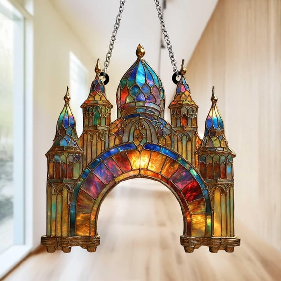 Rainbow Castle Suncatcher with Domed Towers and Glowing Arch, Acrylic Hanging Decor for Fantasy Lovers and Fairytale Window Accent