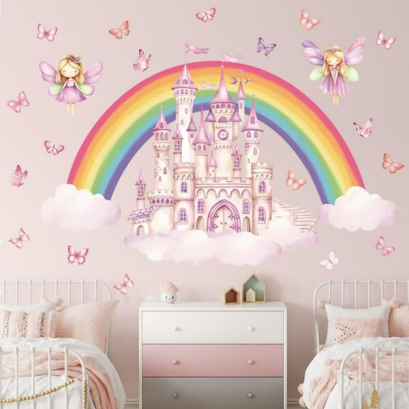 Rainbow Castle Wall Decals Princess Fairy Tale Butterfly Wall Stickers Watercolor Rainbow Cloud Wallpaper Peel and Stick Wall Art Decals for Girls Bedroom Nursery Kids Toddler Decoration
