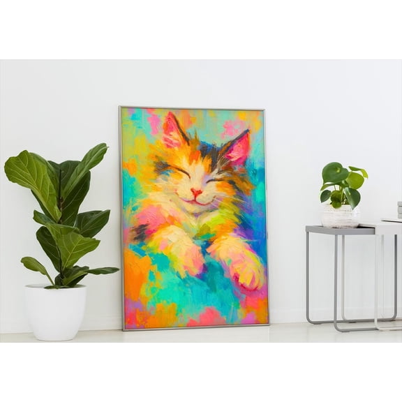 Rainbow Cat Art Poster: Abstract Animal Poster, Stretched Canvas Size 8x12