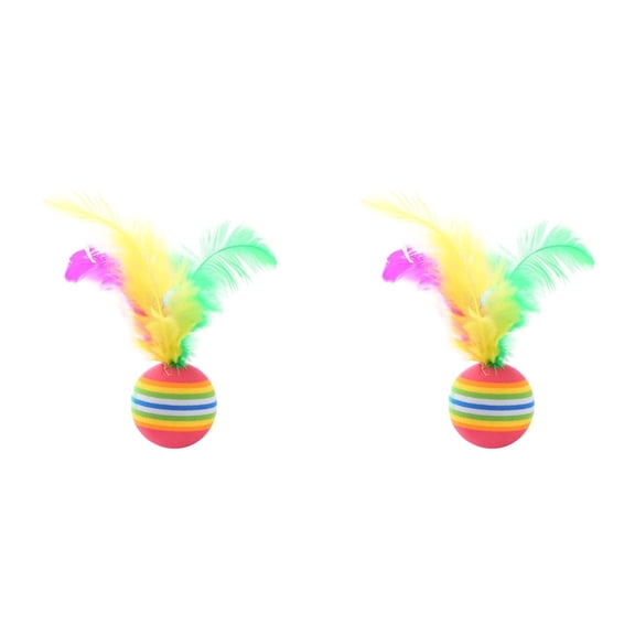 Rainbow Cat Ball with Feather, Soft EVA Foam Interactive Throwing Toy 2 Packs, Funny Bouncing Fetch Ball for Kittens, Lightweight Chewing Gift Red 4.3x1.4 Inch