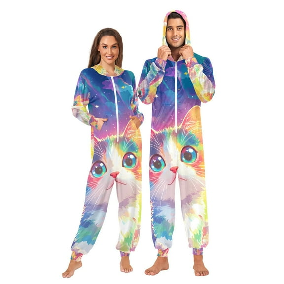 Rainbow Cat Clouds Adult Onesie Pajamas Slim Fit Christmas One Piece Suit Pjs for Women and Men Hooded Zipper