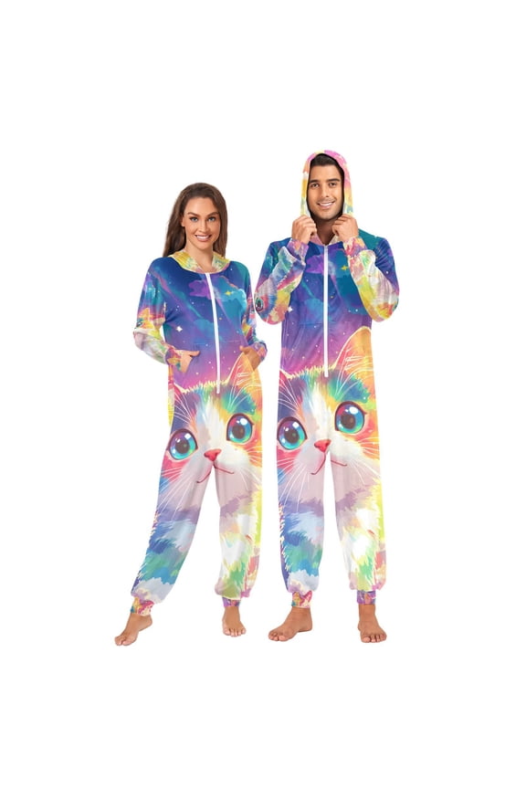 Rainbow Cat Clouds Adult Onesie Pajamas Slim Fit Christmas One Piece Suit Pjs for Women and Men Hooded Zipper