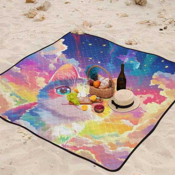 Rainbow Cat Clouds Beach Blanket Outdoor Picnic Mat Sandproof Waterproof Foldable for Camping Travel Hiking