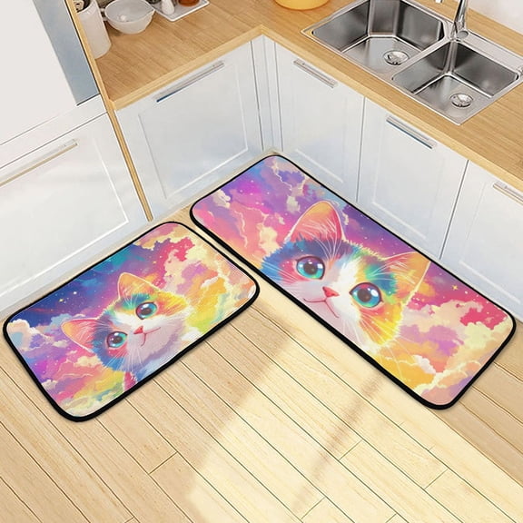 Rainbow Cat Clouds Kitchen Mats Non Slip Standing Desk Mat Runner Rug Washable Kitchen Rugs for Floor 2PCS