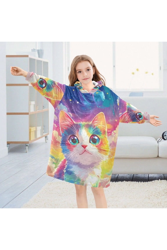 Rainbow Cat Clouds Oversized Wearable Blanket Hoodie Sweatshirt Flannel for Unisex Girls Boys