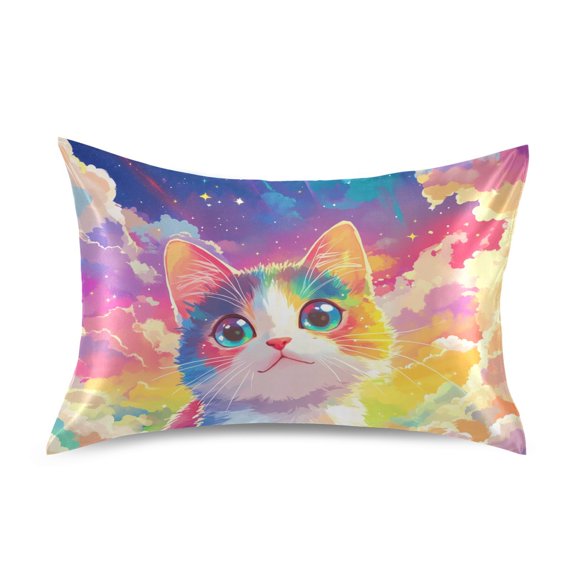 Rainbow Cat Clouds Pillowcases Soft Satin Pillow Covers Decorative Rectangle Envelope Closure for Women Men