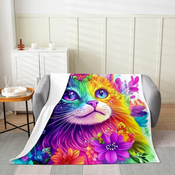 Rainbow Cat Floral Print Throw Blanket Soft Flannel Decorative Blanket For Sofa Bedroom Couch Travel