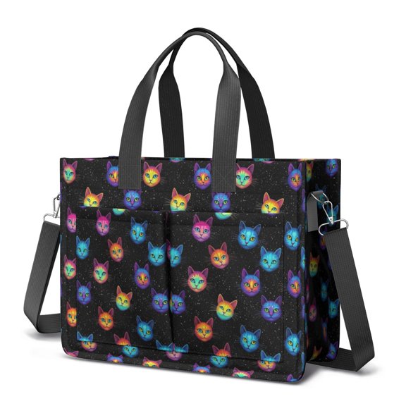 Rainbow Cat Head Black Pattern Canvas Messenger Tote Bag, Work Tote with Multi Pockets & Removable Strap, Large Capacity Gifts for Birthday Christmas Thanksgiving