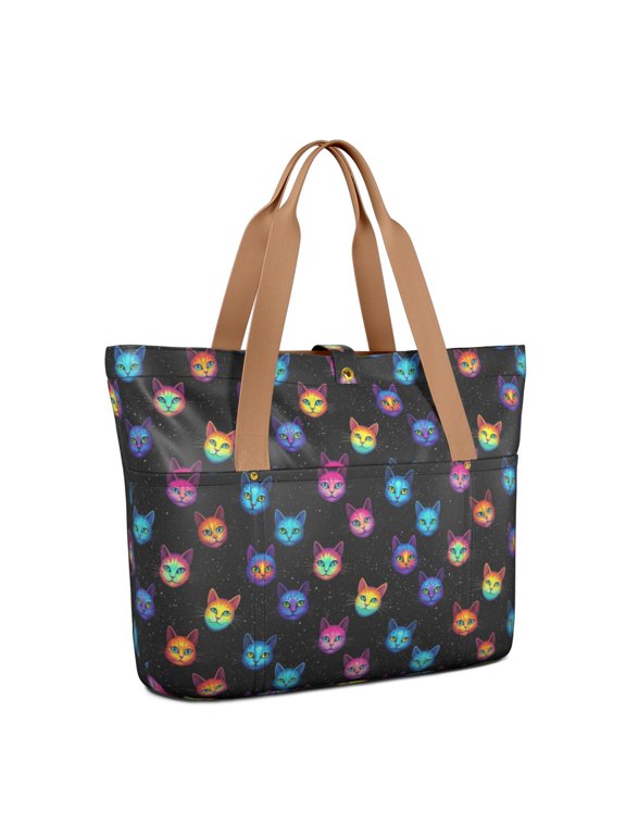 Rainbow Cat Head Black Pattern Large Tote Bag for Women, Polyester Roomy Beach Bag with Pockets and Zipper, Water Resistant Gifts Ideas for Women Men