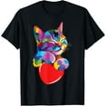 thumbnail image 1 of Rainbow Cat Hugging Valentine Heart T-Shirt – Cute Unisex Cotton Blend Tee, 1 of 4