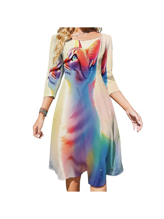 Rainbow Cat Womens Summer Dress Tie Back A Line Flare Dress