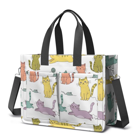 Rainbow Cat and Yarn White Pattern Canvas Messenger Tote Bag, Laptop Shoulder Bag with Multi Pockets & Removable Strap, Large Capacity Gifts for Work Travel Shopping