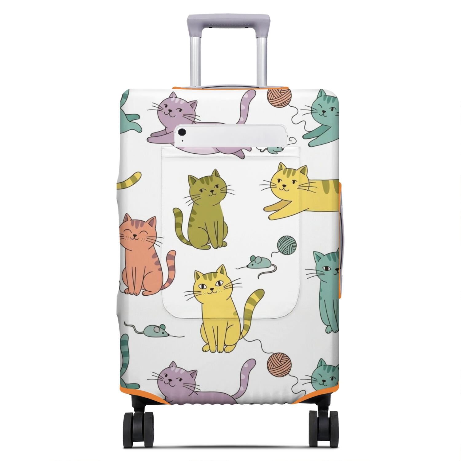 White Electronic Pattern Rainbow Cat and Yarn White Pattern Luggage Cover,Stretch Travel Baggage ...