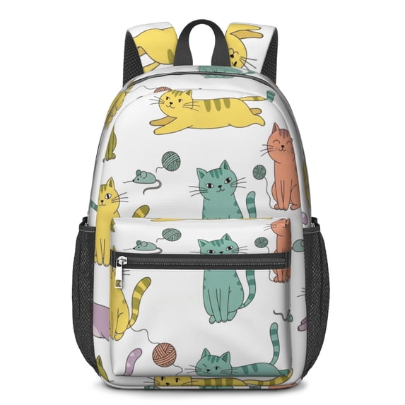 Rainbow Cat and Yarn White Pattern 17" School Backpacks for Teens,Waterproof Oxford Fabric,S-Shape Padded Straps for School,Travel,Hiking,Camping