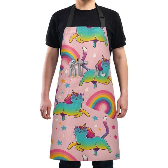 Rainbow Cats Unicorns Kitchen Apron with 2 Pockets Adjustable waterproof Cooking Aprons for Women Men Chef