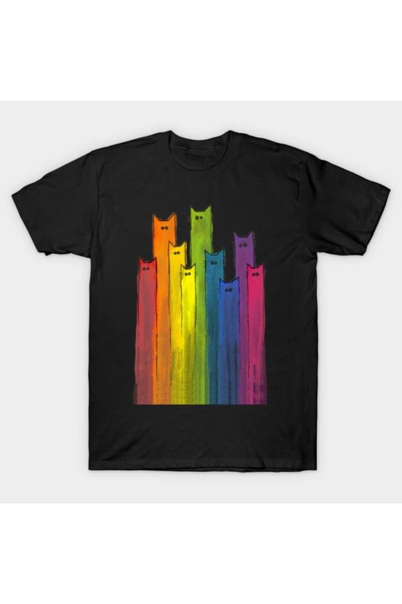Rainbow Cats Whimsical Watercolor Feline Pride Artistic Unisex T-Shirt, for men & women, up to size 5XL