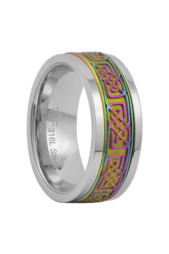 Rainbow Celtic Spinner Ring Stainless Steel Anti Anxiety Band Unisex Fantasy Forge Jewelry