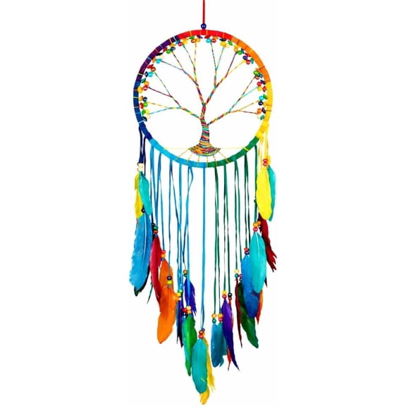 Rainbow Chakra Dream Catcher, Tree of Life Design with Feathers and Beads, Rainbow Suede Authentic Traditional Dream Catcher Boho Home Decor - Large Size - 36" Long x 11" Diameter