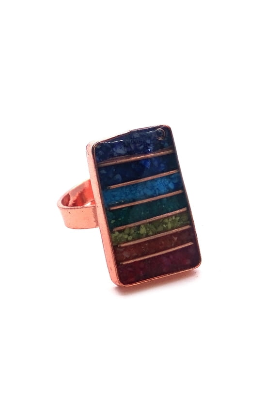 Rainbow Chakra Striped Rectangle Crushed Chip Stone Inlay Orgonite Copper Metal Adjustable Ring - Womens Fashion Handmade Jewelry Boho Accessories