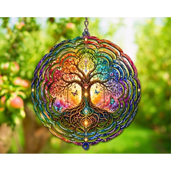 Rainbow Chakra Tree 10-Inch Wind Spinner, Outdoor Garden Decor