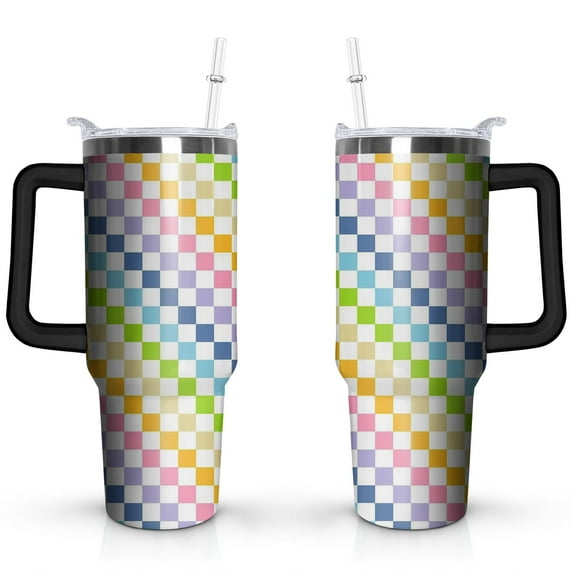 Rainbow Checkerboard 40 OZ Tumbler Cup with Lid and Straw Gifts for Mom Friend Sister Grandma