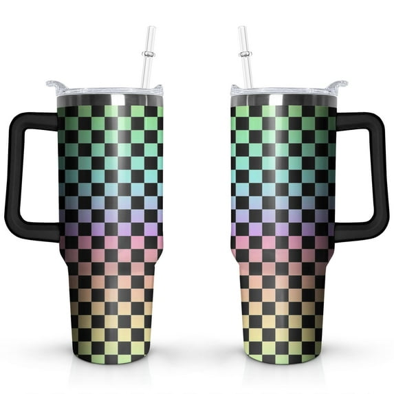 Rainbow Checkerboard 40oz Stainless Steel Vacuum Insulated Tumbler with Lid and Straw for Water Iced Tea Coffee Smoothie and More